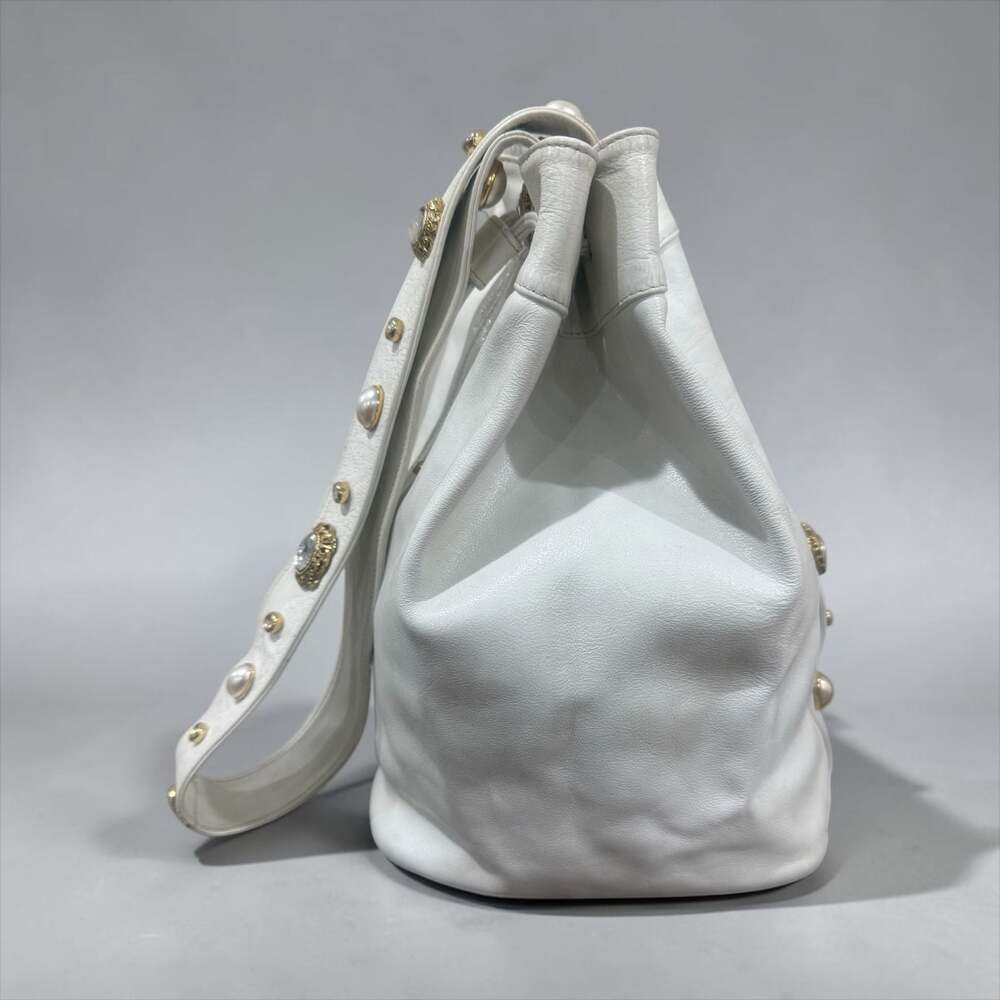 Vintage I. Magnin White Leather Bucket Bag Italy Pearl Rhinestone  Boho Luxe